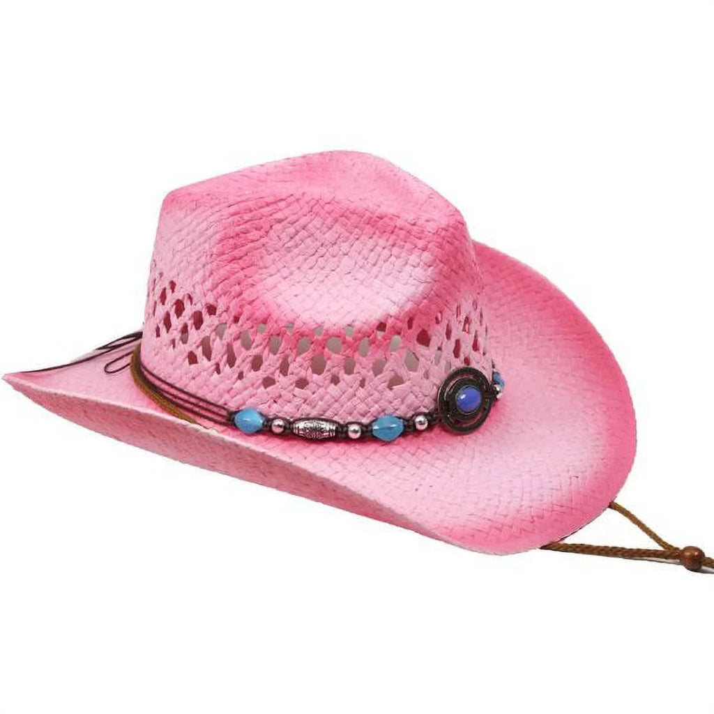 PINK Tea Sizetain Sizetraw COWBOY HAT w/ Turquoise Blue Beads WOMEN WESizeTERN Cowgirl Adult size