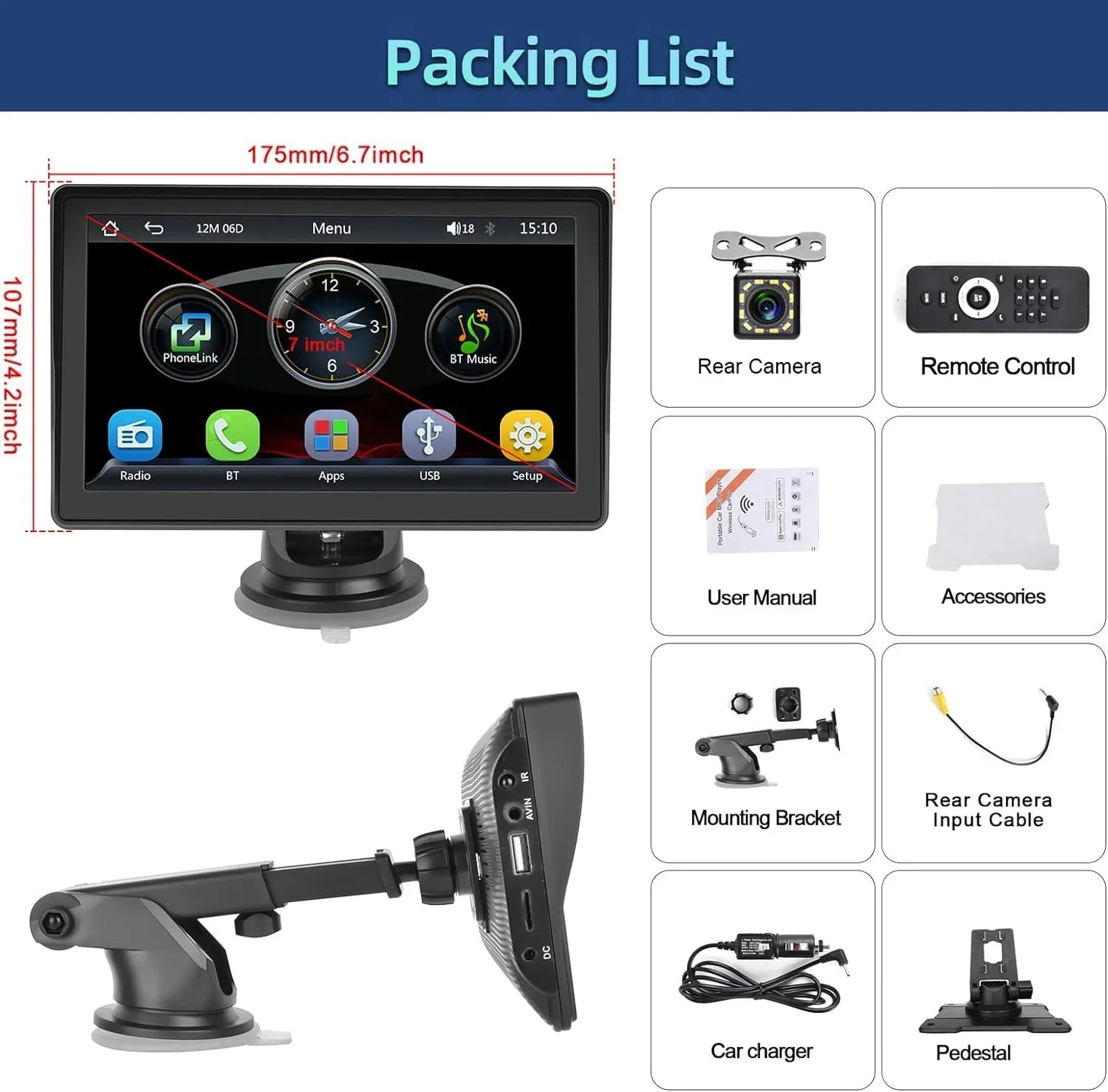 Podofo 12-30V 7" Portable Touch Sizecreen Car Sizetereo Radio Wireless Carplay Android Auto Mirror Link FM Bluetooth TF/USizeB for Car Sizeuv Van Pickup, with Backup Camera