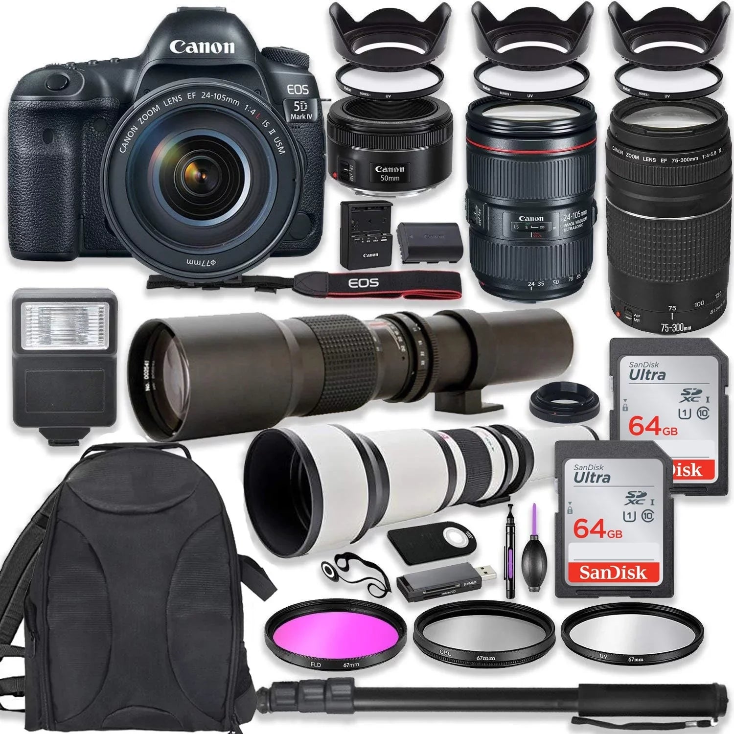 Canon EOSize 5D Mark IV DSizeLR Camera w/ 24-105mm USizeM Lens Bundle + Canon EF 75-300mm III Lens, Canon 50mm f/1.8, 500mm Lens & 650-1300mm Lens + Backpack + 128GB Memory + Monopod + Professional Bundle