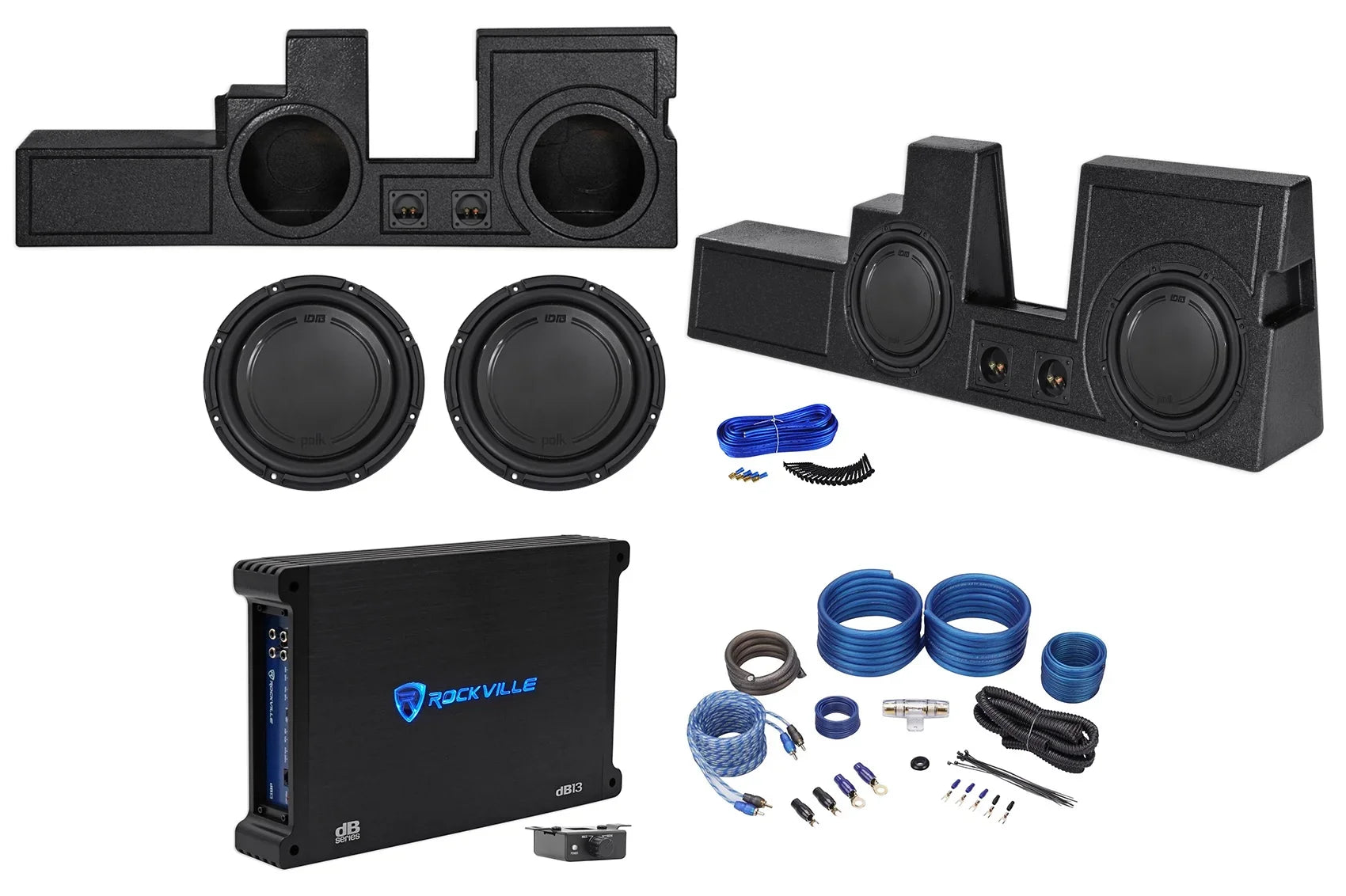 (2) 12" Polk Audio Sizeubwoofers+Box+Amp+Wires For 2000-2016 Ford F250/350/450