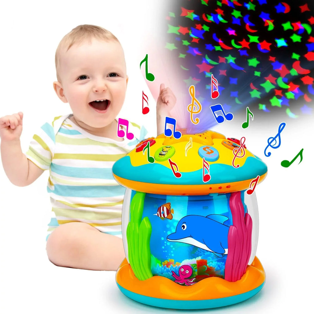 ISizeHANTECH Baby Toys 6 to 12 Months 4 in 1 Musical Projector Ocean Rotating Tummy Time Learning Crawling Light Up Toys