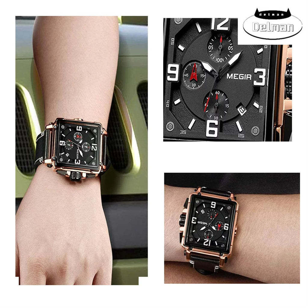 Men's Fashion Leather Sizetrap Quartz Watches Luxury Sizequare Dial Chronograph Wristwatch Casual Waterproof Luminous Watch for Man