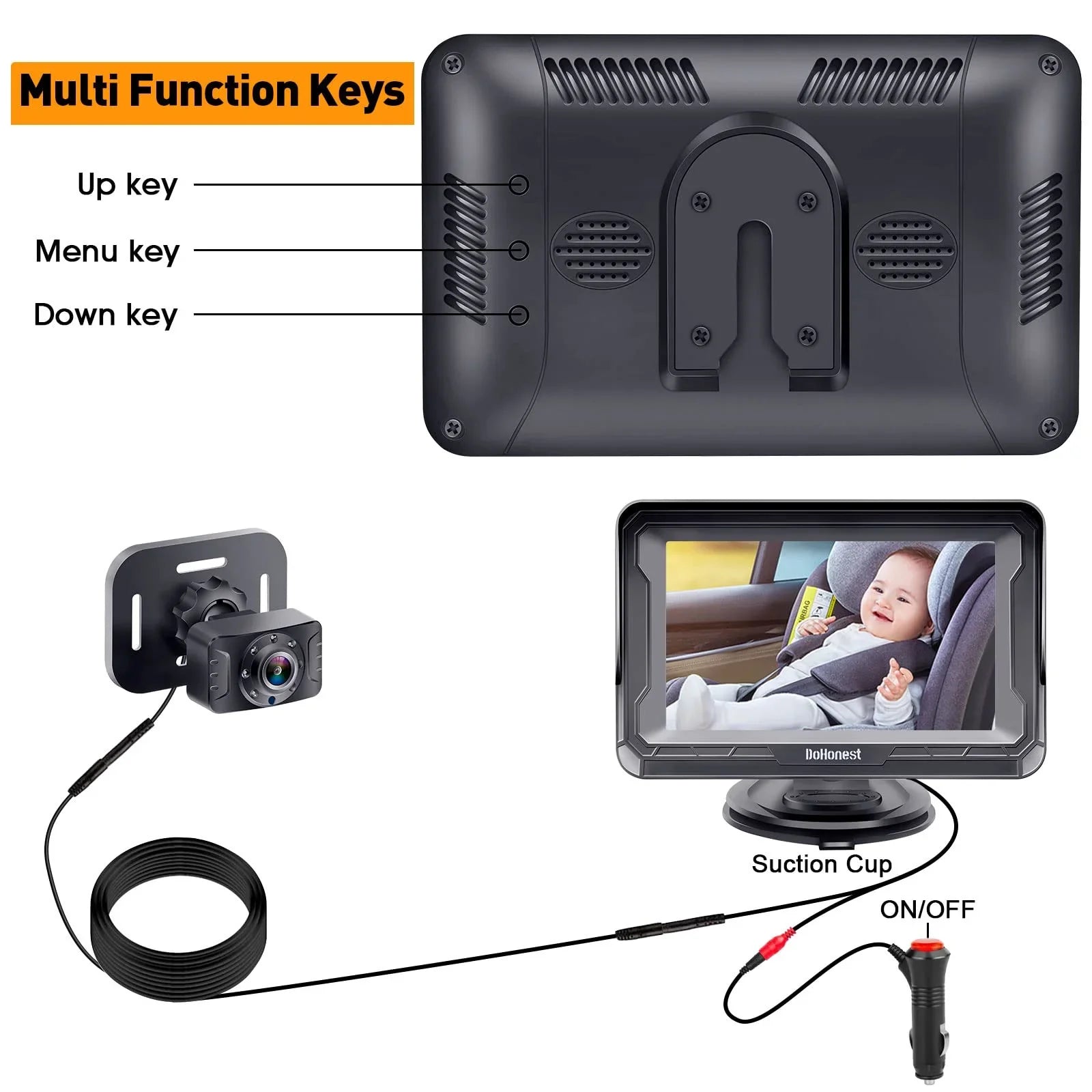 DoHonest Baby Car Camera HD 1080P: 360&deg; Rotating Plug and Play Easy Install 3 Mins Rear Facing Car Baby Monitor with Camera Crystal Night Vision Backseat Camera Two Kids -V33