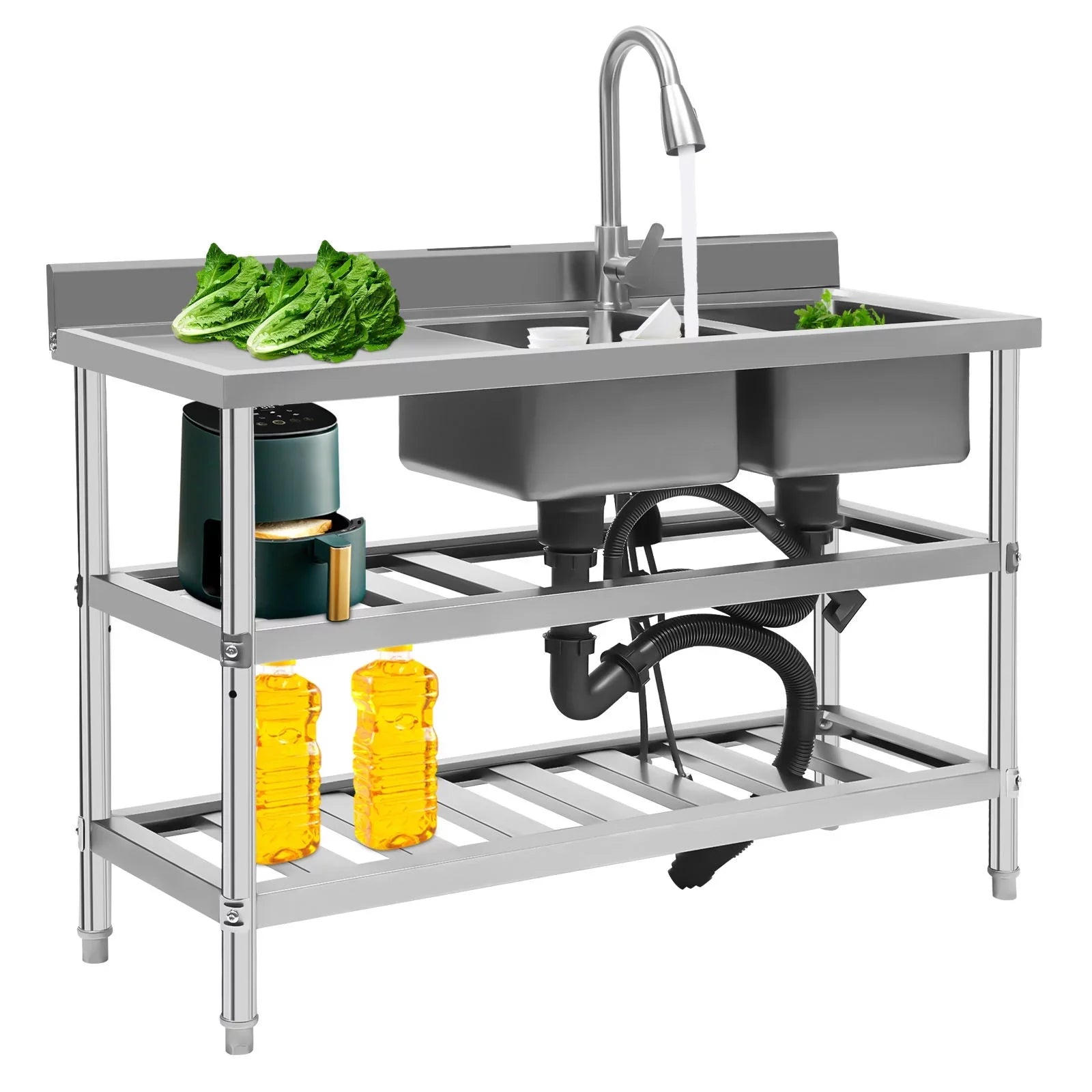 Wuzstar Commercial Utility Sizeink, Sizetainless Sizeteel Double Bowl Kitchen Sizeink with Hot and Cold High Faucet