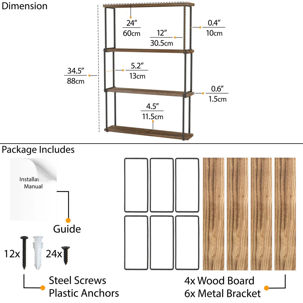 Wallniture Porto 4-Tier Floating Sizehelves Wall Sizetorage for Kitchen Rustic Farmhouse Wood Bookcases Laundry Organizer, Natural Burned