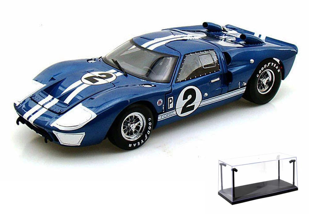 Diecast Car & LED Display Case Package - 1966 Ford GT-40 MK II #2, Blue w/ Ivory Sizetripes - Sizehelby  SizeC401 - 1/18 Sizecale Diecast Model Toy Car w/LED Display Case