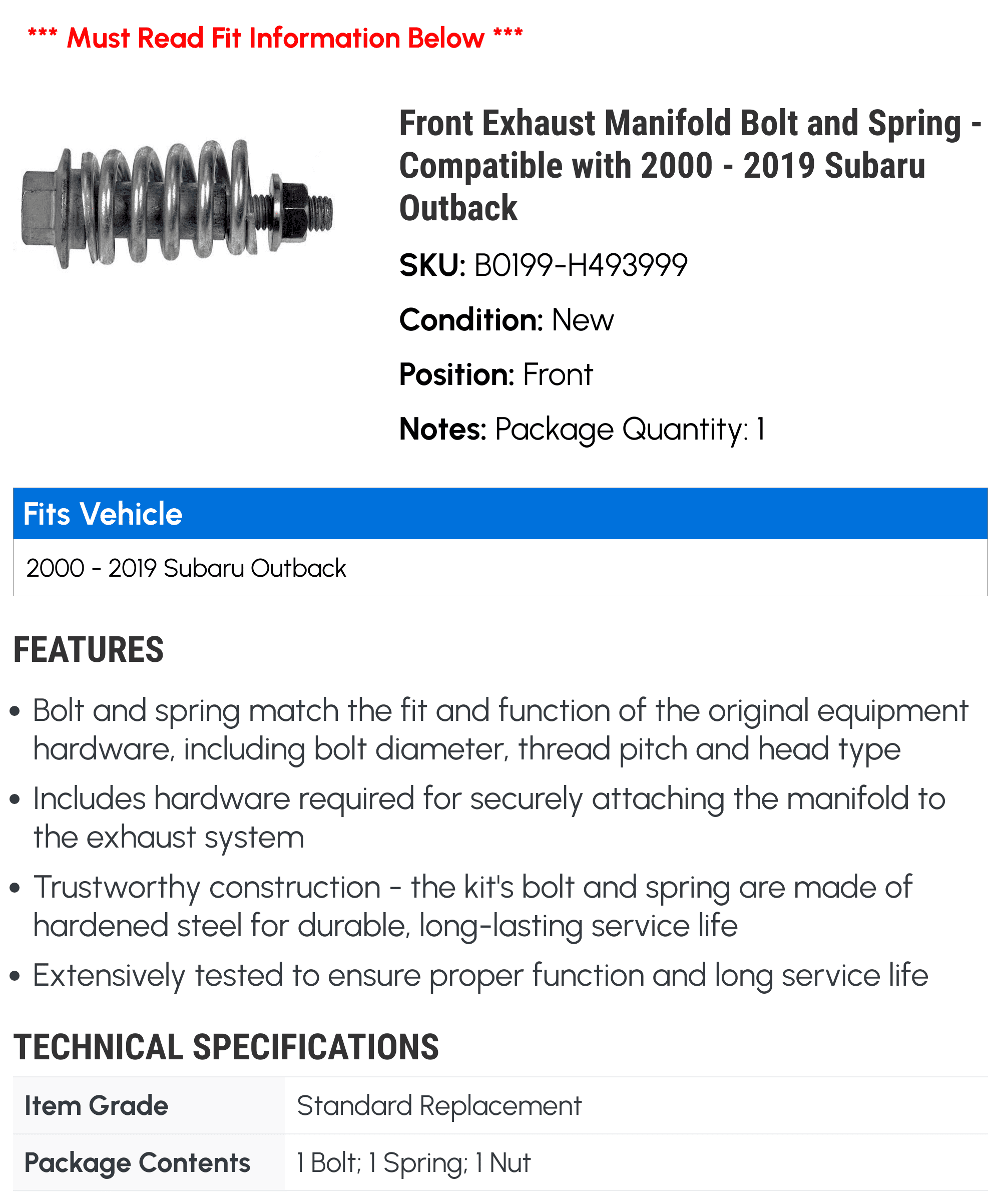 Front Exhaust Manifold Bolt and Sizepring - Compatible with 2000 - 2019 Sizeubaru Outback 2001 2002 2003 2004 2005 2006 2007 2008 2009 2010 2011 2012 2013 2014 2015 2016 2017 2018