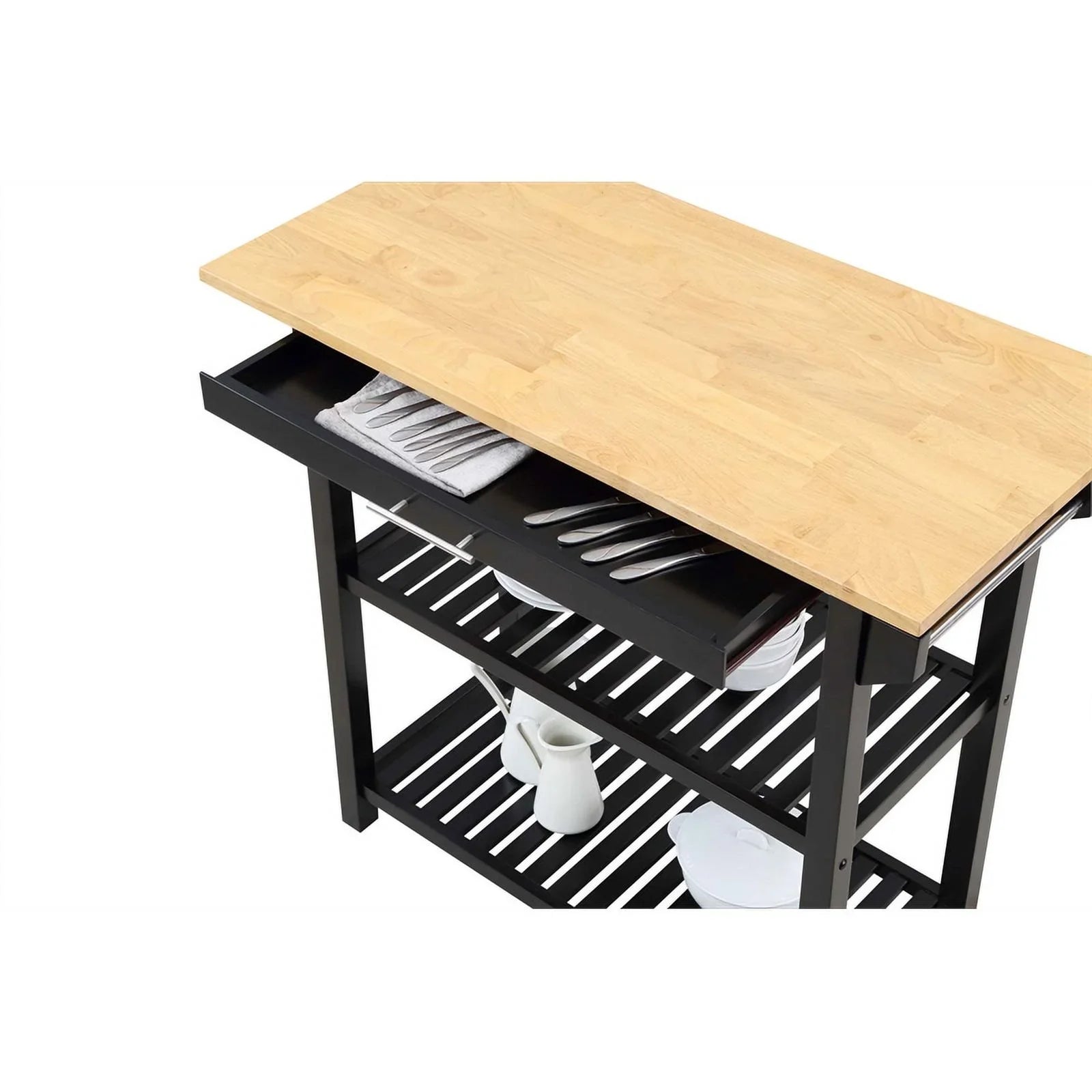 Pemberly Row 3-Tier Butcher Block Kitchen Prep Island with Drawer- Black Wood