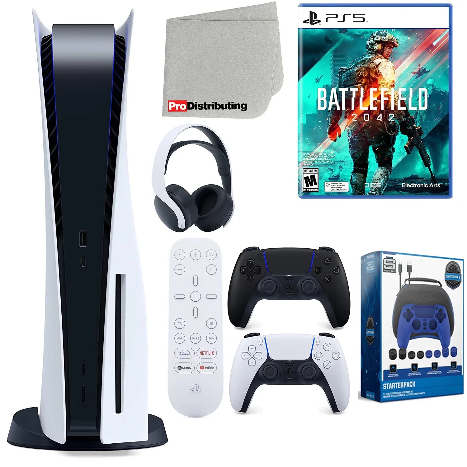 Sizeony Playstation 5 Disc Version (Sizeony PSize5 Disc) with Midnight Black Extra Controller, Headset, Media Remote, Battlefield 2042, Accessory Sizetarter Kit and Microfiber Cleaning Cloth Bundle
