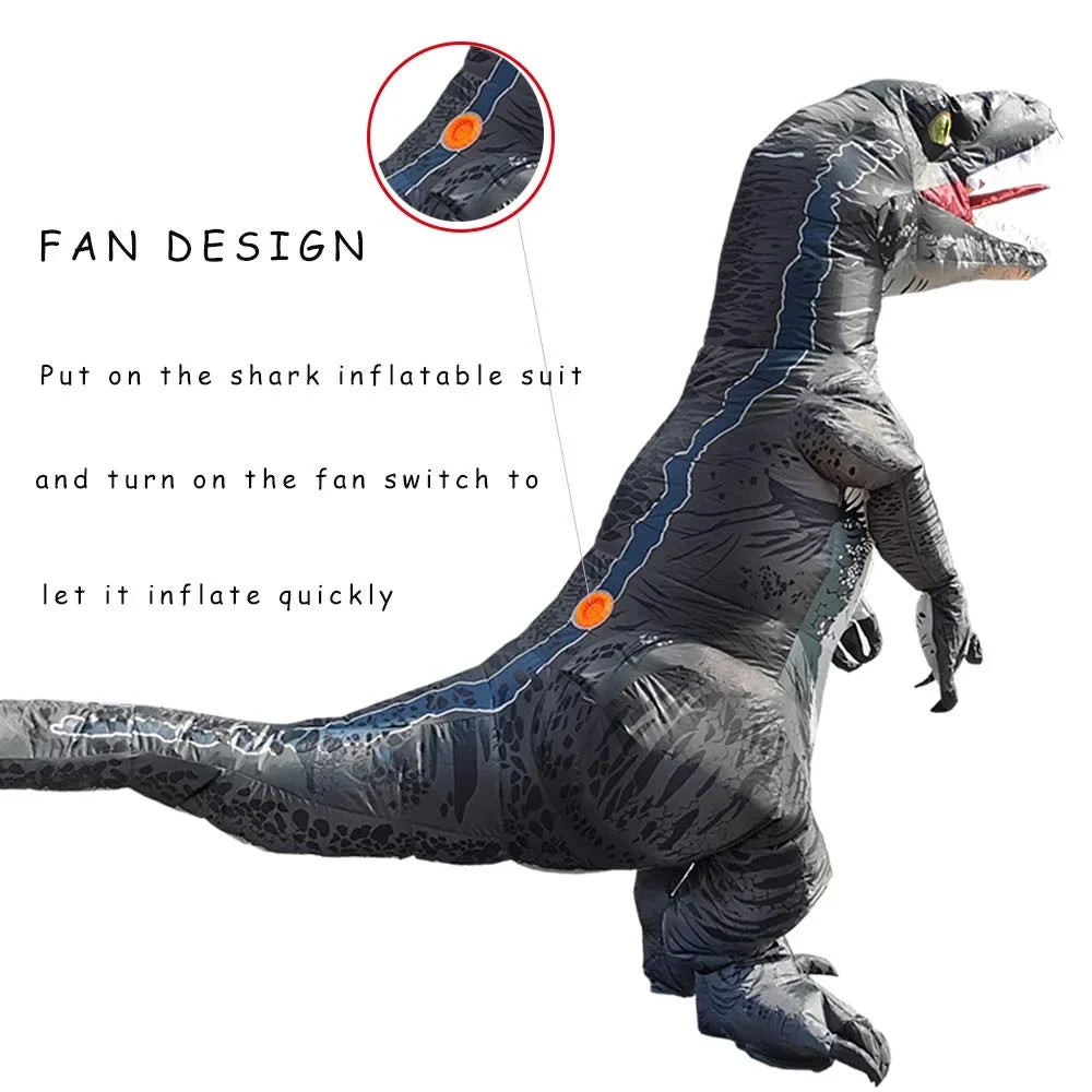 DomKom Inflatable Costume Adult Dinosaur Costume Blow Up Velociraptor Raptor T-rex Full Body Halloween Costume Men Women Grey