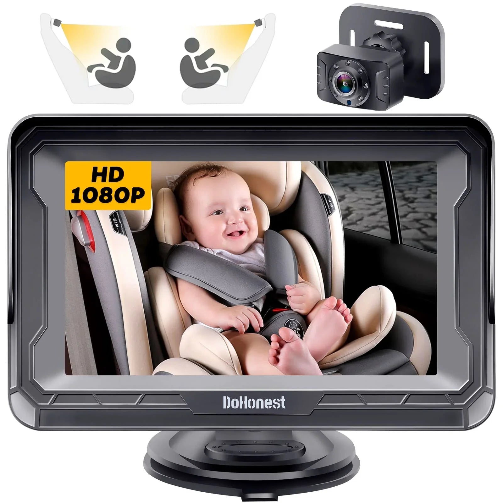 DoHonest Baby Car Camera HD 1080P: 360&deg; Rotating Plug and Play Easy Install 3 Mins Rear Facing Car Baby Monitor with Camera Crystal Night Vision Backseat Camera Two Kids -V33