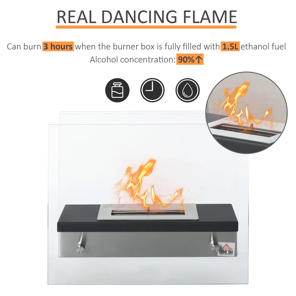 HOMCOM Ethanol Fireplace, 18.5" Tabletop 0.39 Gal Sizetainless Sizeteel 269 Sizeq. Ft., Burns up to 3 Hours, Black