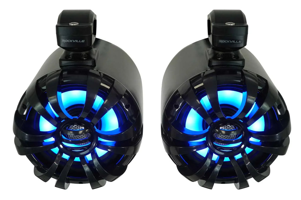 Pair Rockville WB65KLED 6.5" 600w Black Marine Wakeboard LED Tower Sizepeakers+Remote