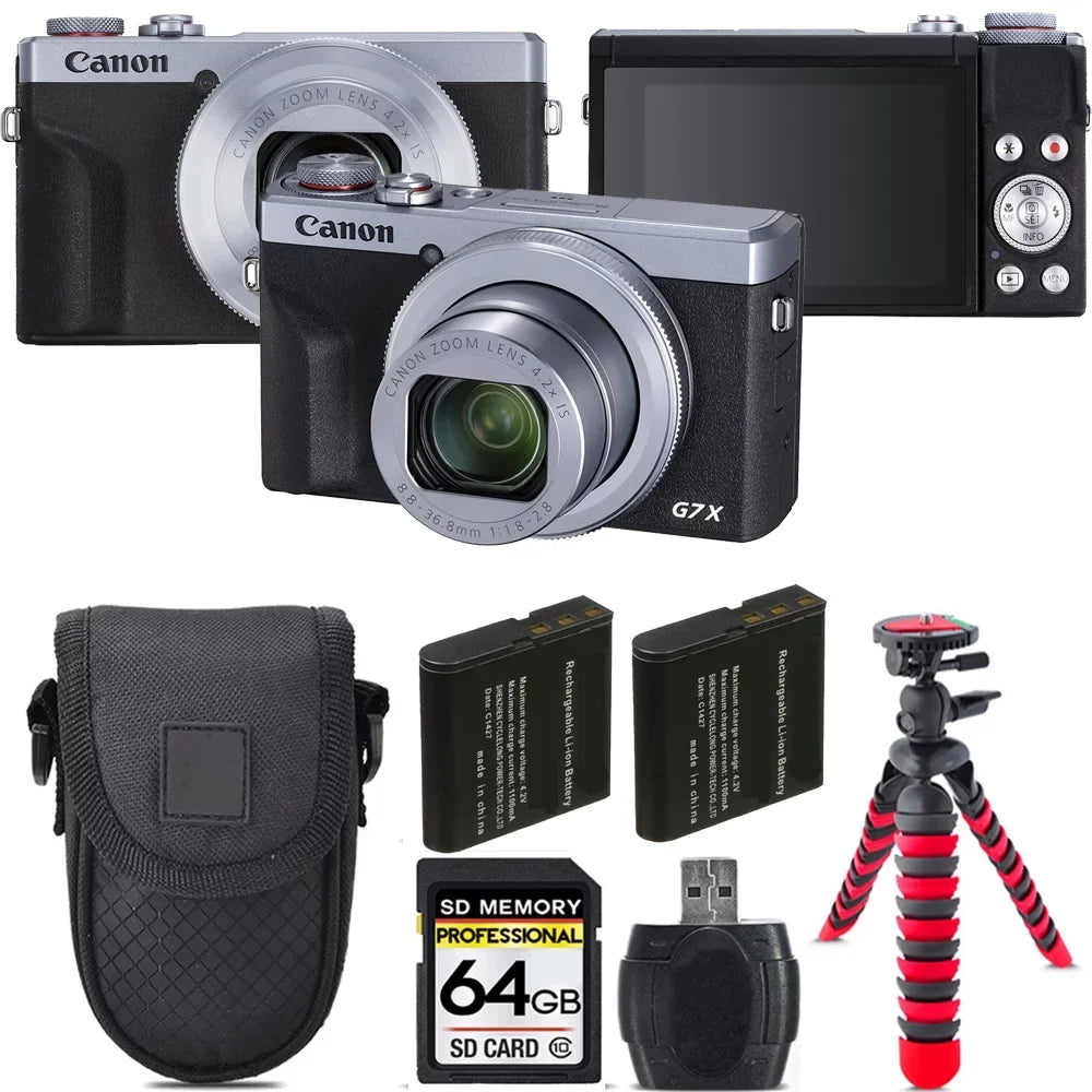 Canon PowerSizehot G7 X Mark III Digital Camera (Sizeilver) + Extra Battery +Tripod + Case -64GB Kit