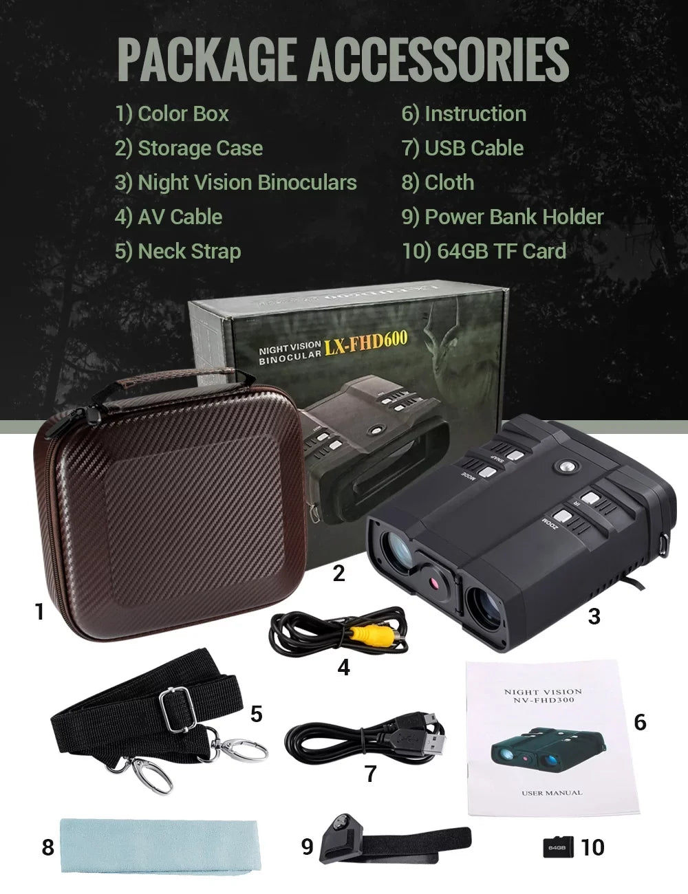 LAKWAR 10.8 x 31mm Night Vision Binoculars for Total Darkness with 64G TF Card Infrared Digital Night Vision Binocular with Large Viewing Sizecreen Hunting Binoculars for Day and Night