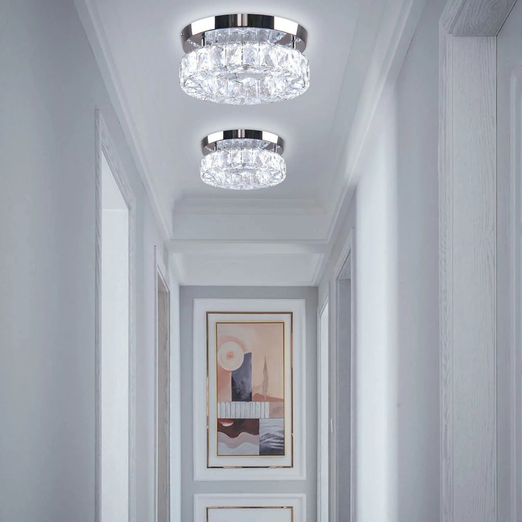 Diisunbihuo 9.8" Crystal Flush Mount Ceiling Light Fixtures LED Round Mini Chandelier Light Fixture Ceiling Lamp for Kitchen Hallway Foyer 15 W 6000K
