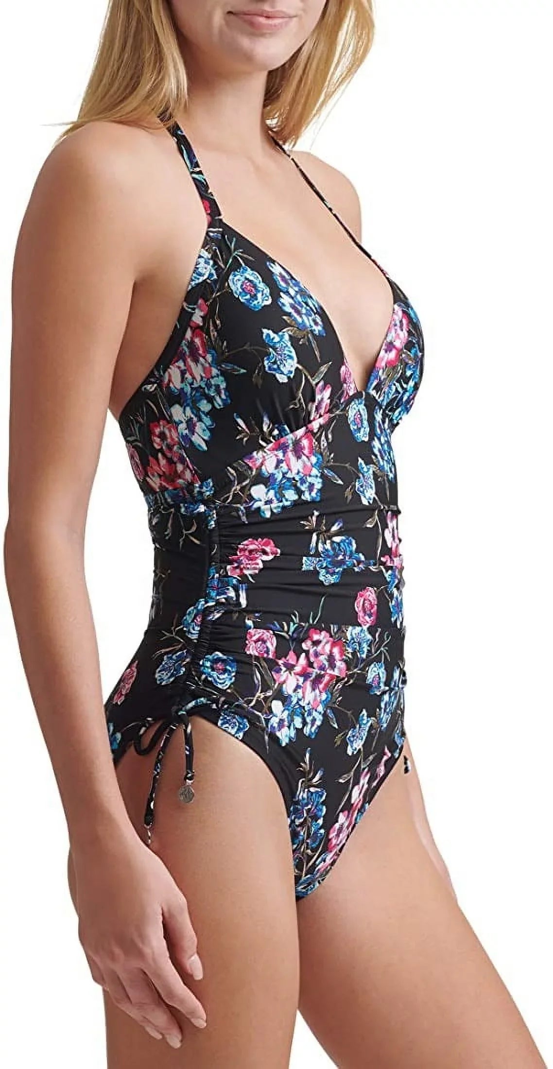 DKNY BLACK FLORAL Floral-Print Halterneck One-Piece Sizewimsuit, USize 14