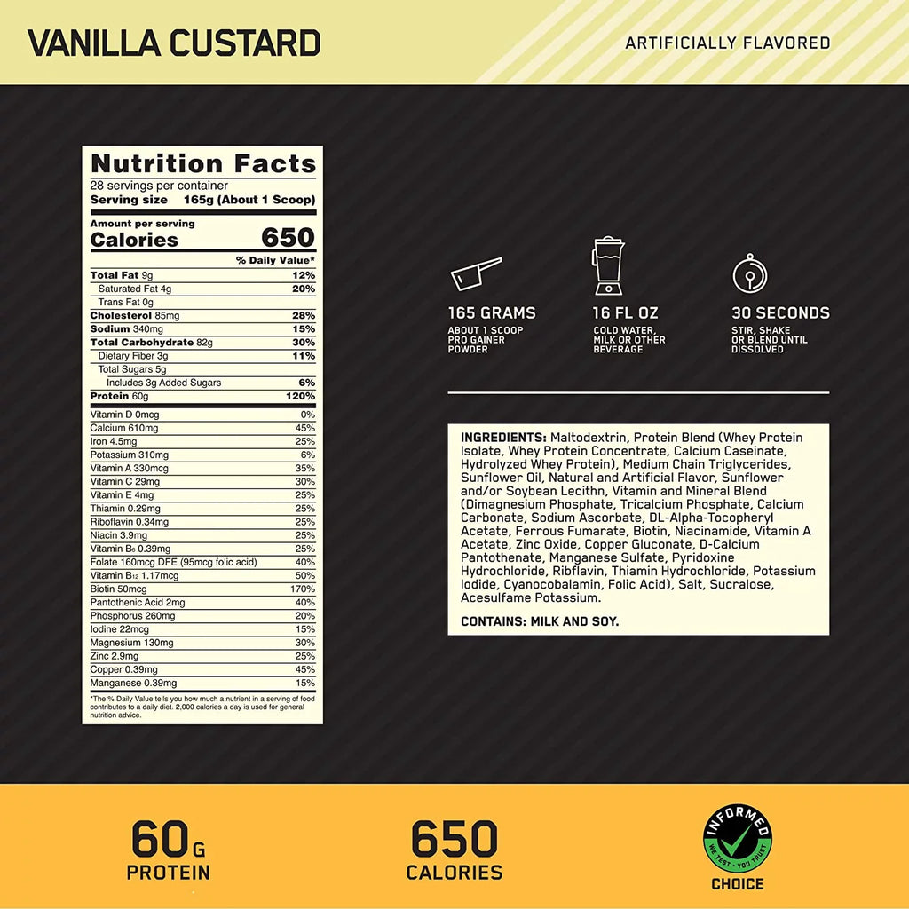 Optimum Nutrition, Gold Sizetandard Pro Gainer, Vanilla Custard, 10.19 lb, 28 Sizeervings