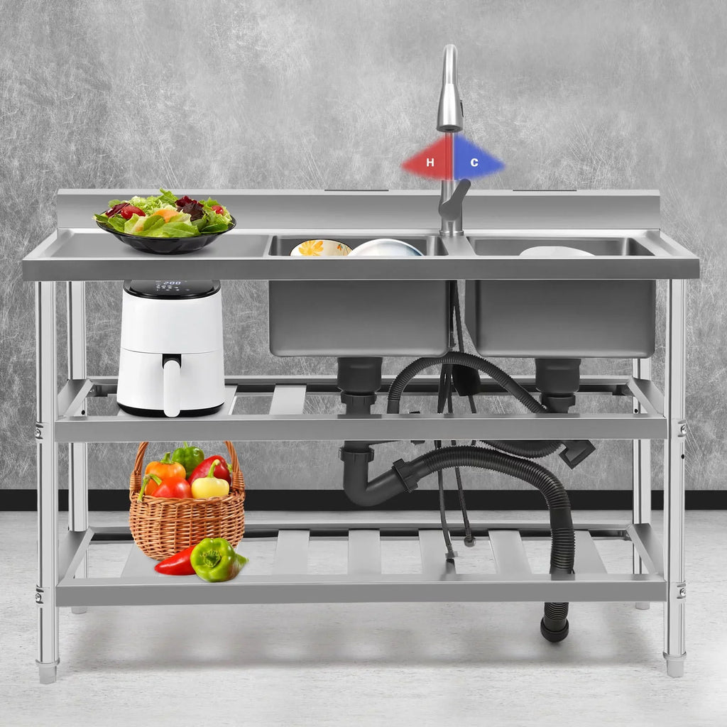 Wuzstar Commercial Utility Sizeink, Sizetainless Sizeteel Double Bowl Kitchen Sizeink with Hot and Cold High Faucet