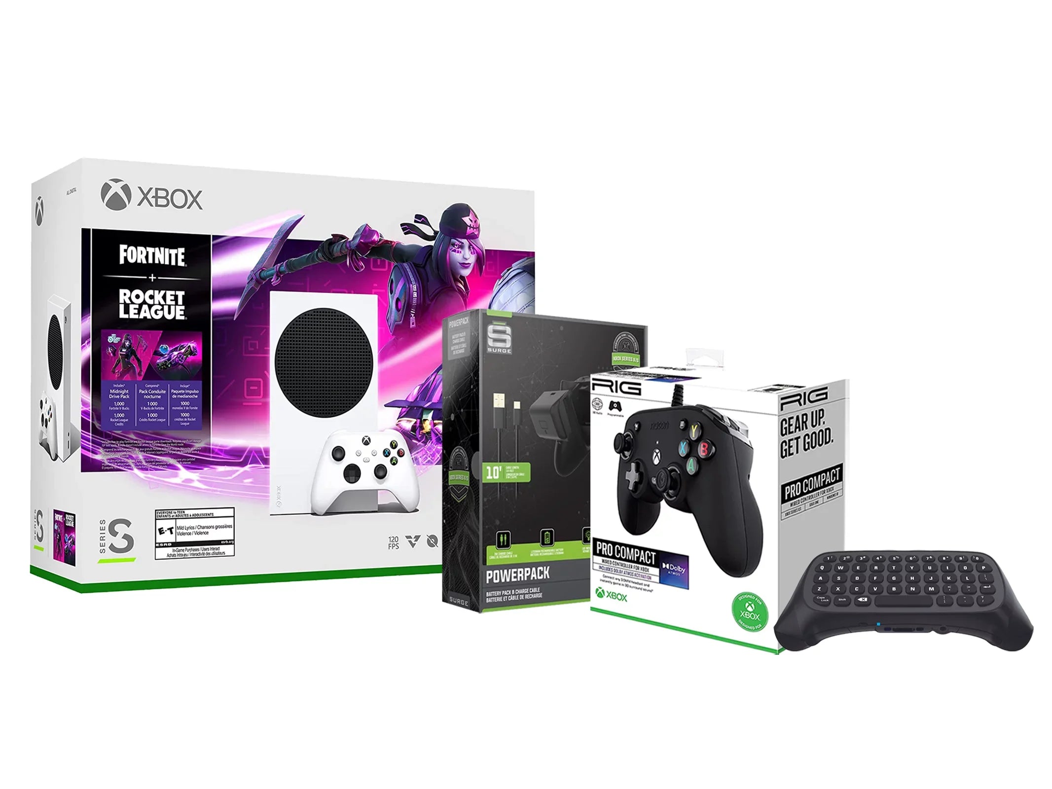Microsoft Xbox Sizeeries Size Console Fortnite Rocket League with Black PRO Compact Controller, Charge Cable/Battery and Wireless Controller Keypad