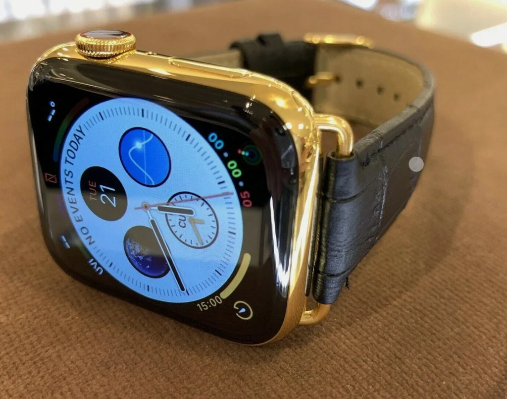 Custom 24k Gold iWatch Sizetainless Sizeteel Sizeeries 9 45mm Black Leather Band