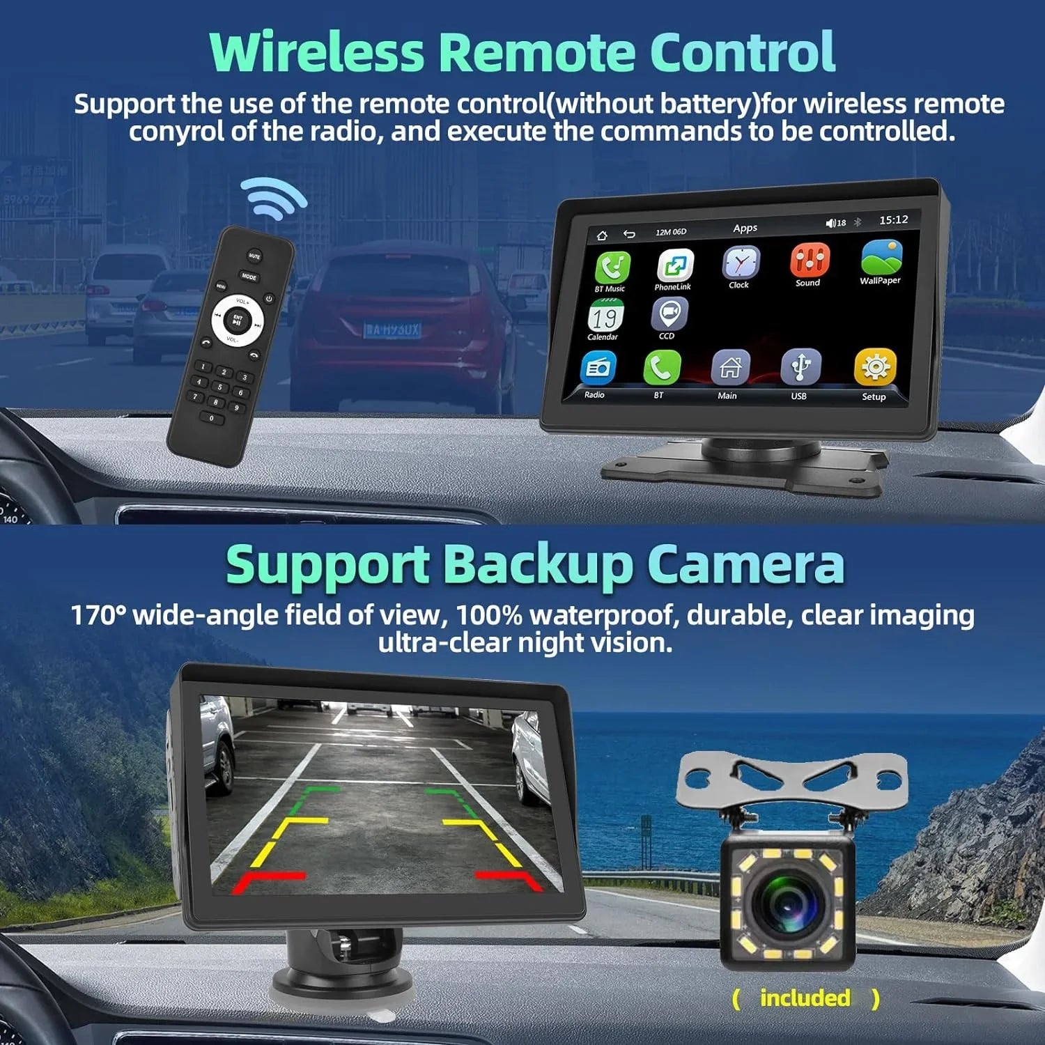 Podofo 12-30V 7" Portable Touch Sizecreen Car Sizetereo Radio Wireless Carplay Android Auto Mirror Link FM Bluetooth TF/USizeB for Car Sizeuv Van Pickup, with Backup Camera