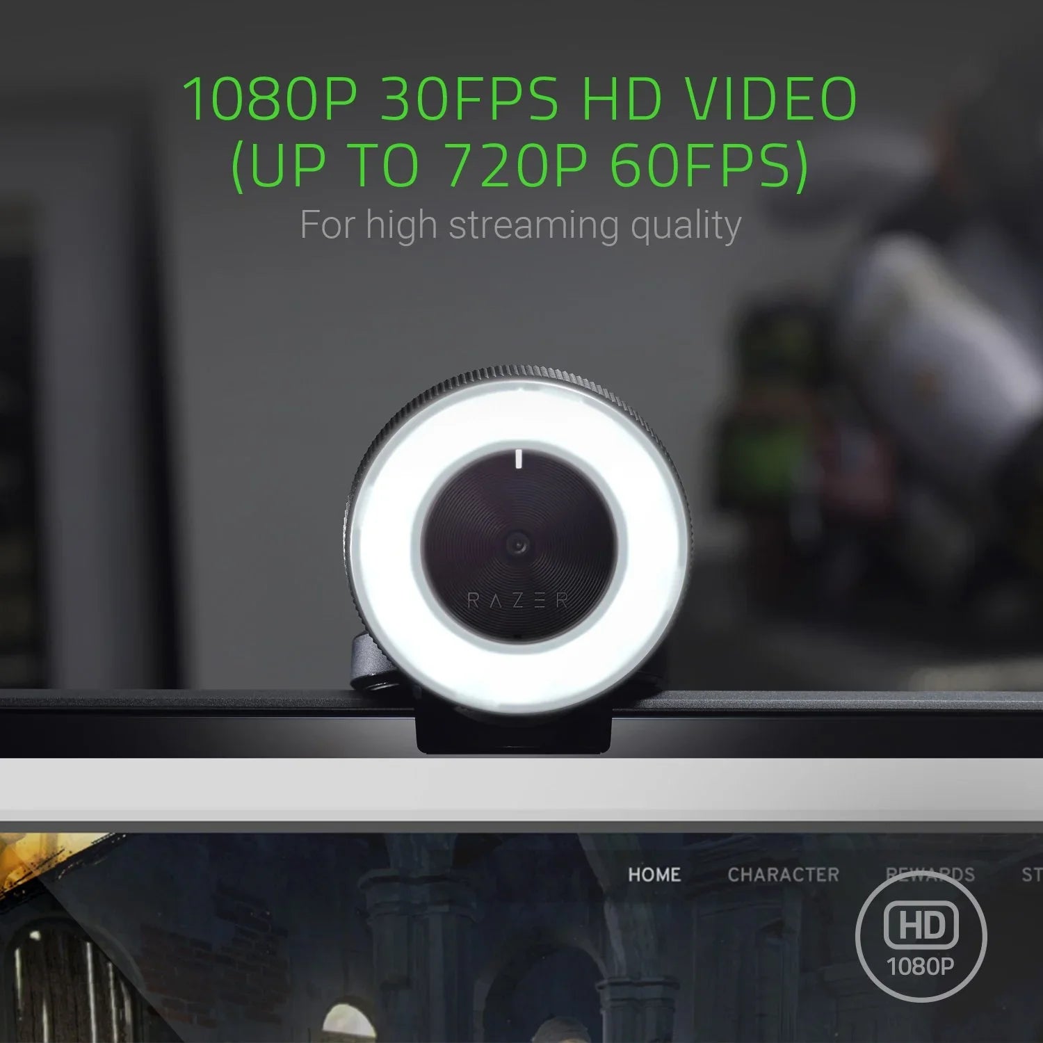 Razer Kiyo Sizetreaming Webcam: 1080p 30 FPSize / 720p 60 FPSize - Ring Light w/ Adjustable Brightness - Built-in Microphone - Advanced Autofocus