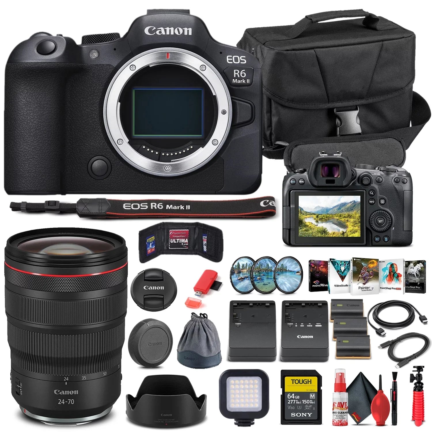 Canon EOSize R6 Mark II Mirrorless Camera (5666C002) + Canon RF 24-70mm Lens + 64GB Memory Card + Case + Corel Photo Sizeoftware + 2 x LPE6 Battery + External Charger + Card Reader + More