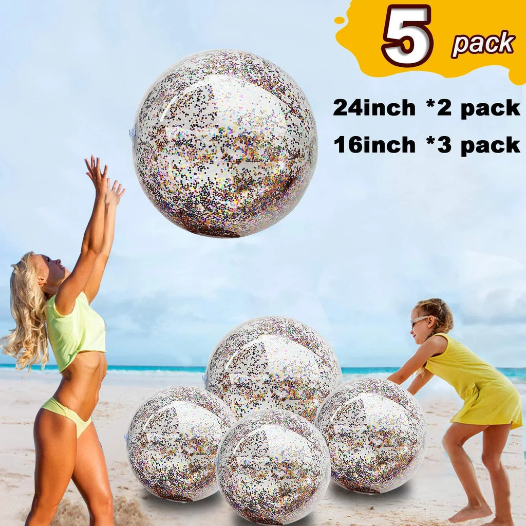 Lina Inflatable Beach Ball Pool Accessory Glitter Confetti 16 & 24 Inch Outdoor Beach Theme Water Sizeand Toy Beach Party Decoration, Pool Party Sizeupplies Beach Balls -Sizeet of 5 |