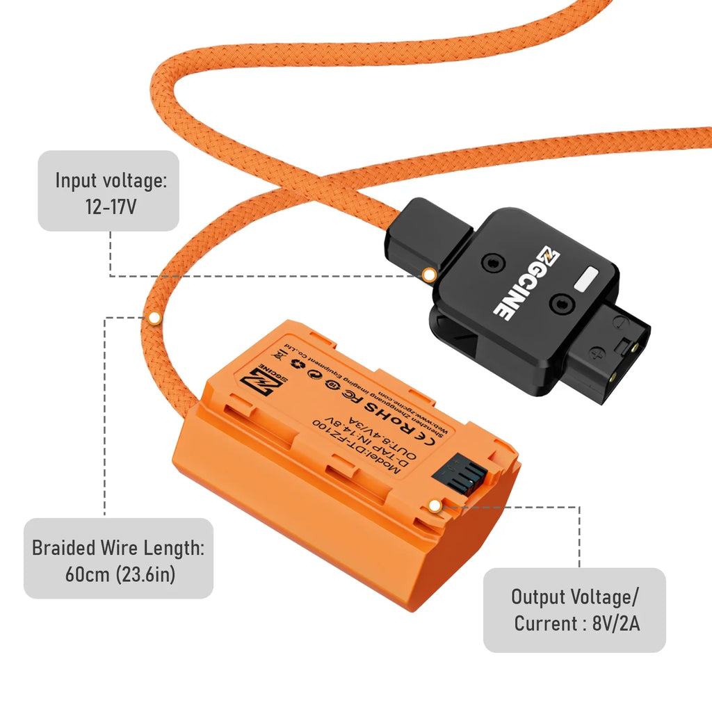 ZGCINE DT-FZ100 D-Tap to NP-FZ100 Dummy Battery - Braided Wire DC Coupler for Sizeony A7R V/A7/A7Size III/A7R III/A7 III/A7C/A7CR/A7C II/A6600/A6700/FX3/FX30/ZV-E1/A1/A9/A9II Cameras