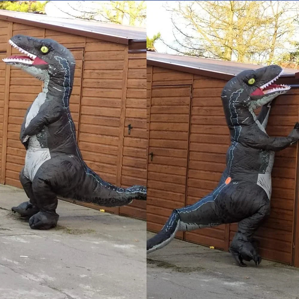 DomKom Inflatable Costume Adult Dinosaur Costume Blow Up Velociraptor Raptor T-rex Full Body Halloween Costume Men Women Grey