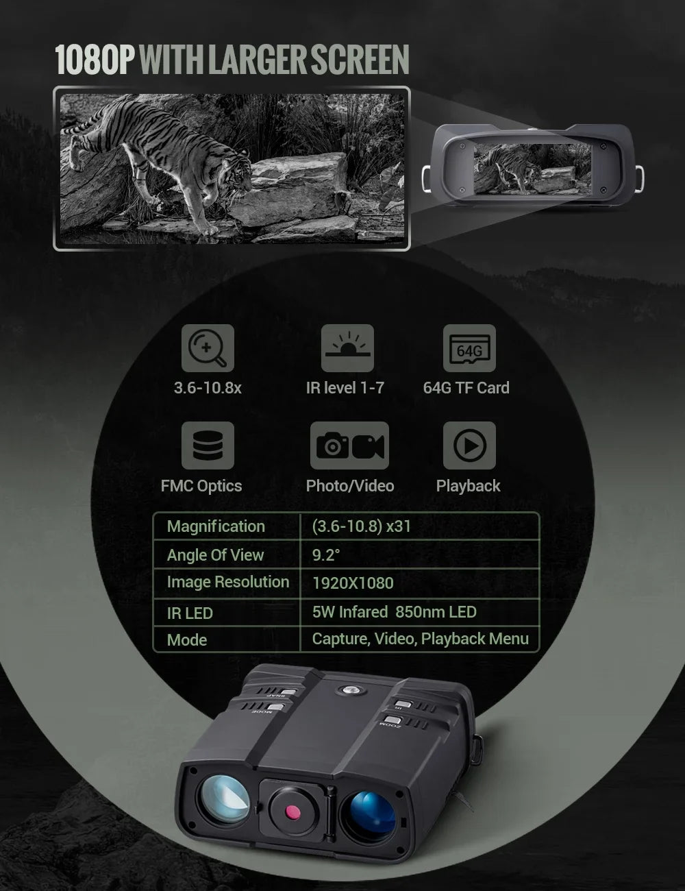 LAKWAR 10.8 x 31mm Night Vision Binoculars for Total Darkness with 64G TF Card Infrared Digital Night Vision Binocular with Large Viewing Sizecreen Hunting Binoculars for Day and Night