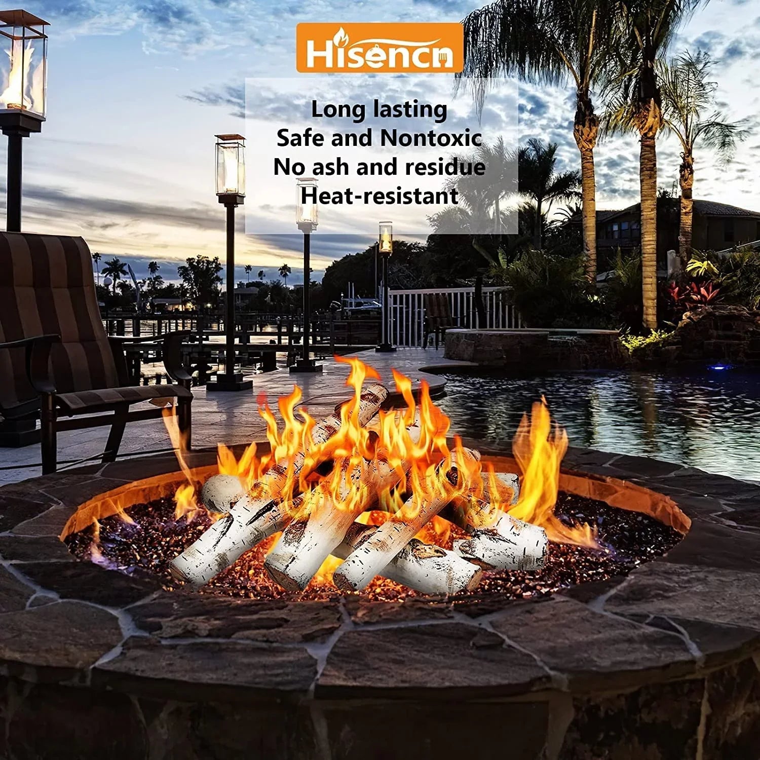 Grisun 26.8" Large Gas Fireplace Logs, Ceramic Ivory Birch Wood Logs for Indoor Inserts, Outdoor Firebowl, Fire Pits, Vented, Propane, Gel, Ethanol, Electric, Realistic Fireplace Decoration, 6 Pcs