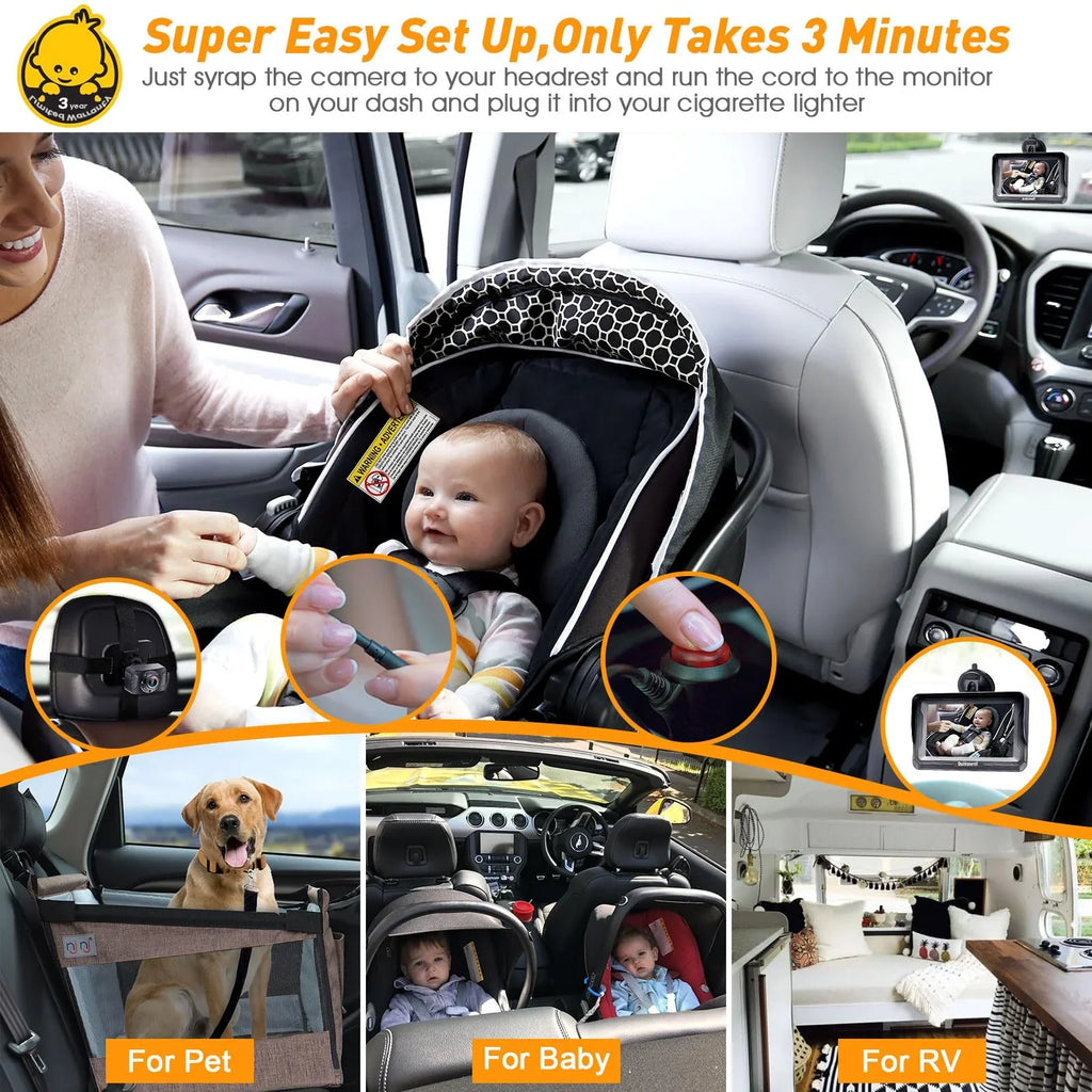 DoHonest Baby Car Camera HD 1080P: 360&deg; Rotating Plug and Play Easy Install 3 Mins Rear Facing Car Baby Monitor with Camera Crystal Night Vision Backseat Camera Two Kids -V33