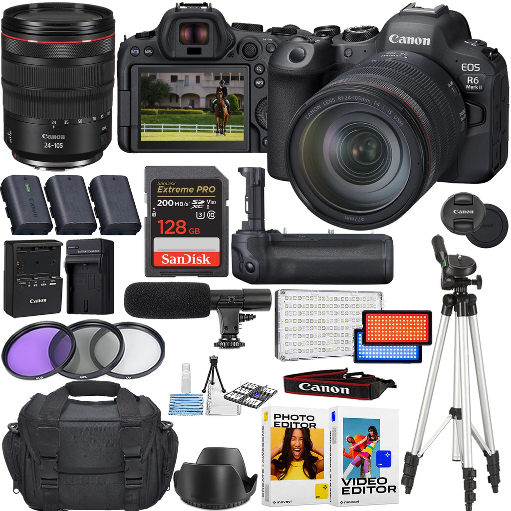 Canon EOSize R6 Mark II Mirrorless Camera w/ Canon RF 24-105mm f/4 L ISize USizeM Lens + 128GB Memory Card + LED Video Light + Microphone + Battery Grip & More