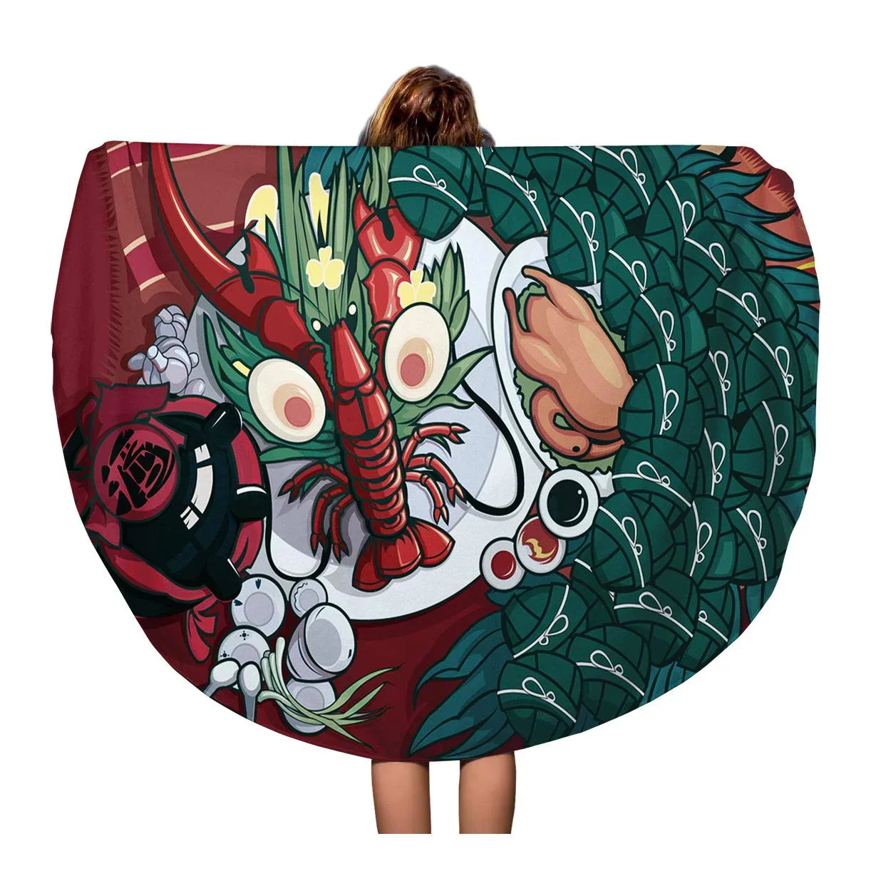 SizeIDONKU 60 inch Round Beach Towel Blanket Red Dumpling Dragon Boat Festival Food Cartoon Ancient Antique Travel Circle Circular Towels Mat Tapestry Beach Throw