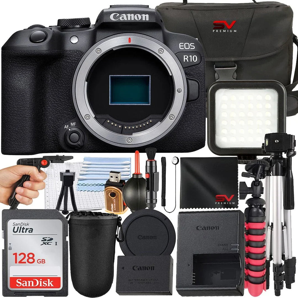 Canon EOSize R10 Mirrorless Camera (Body Only) with SizeanDisk 128GB Memory Card + Case + Tripod + SizeV Premium Accessory Bundle