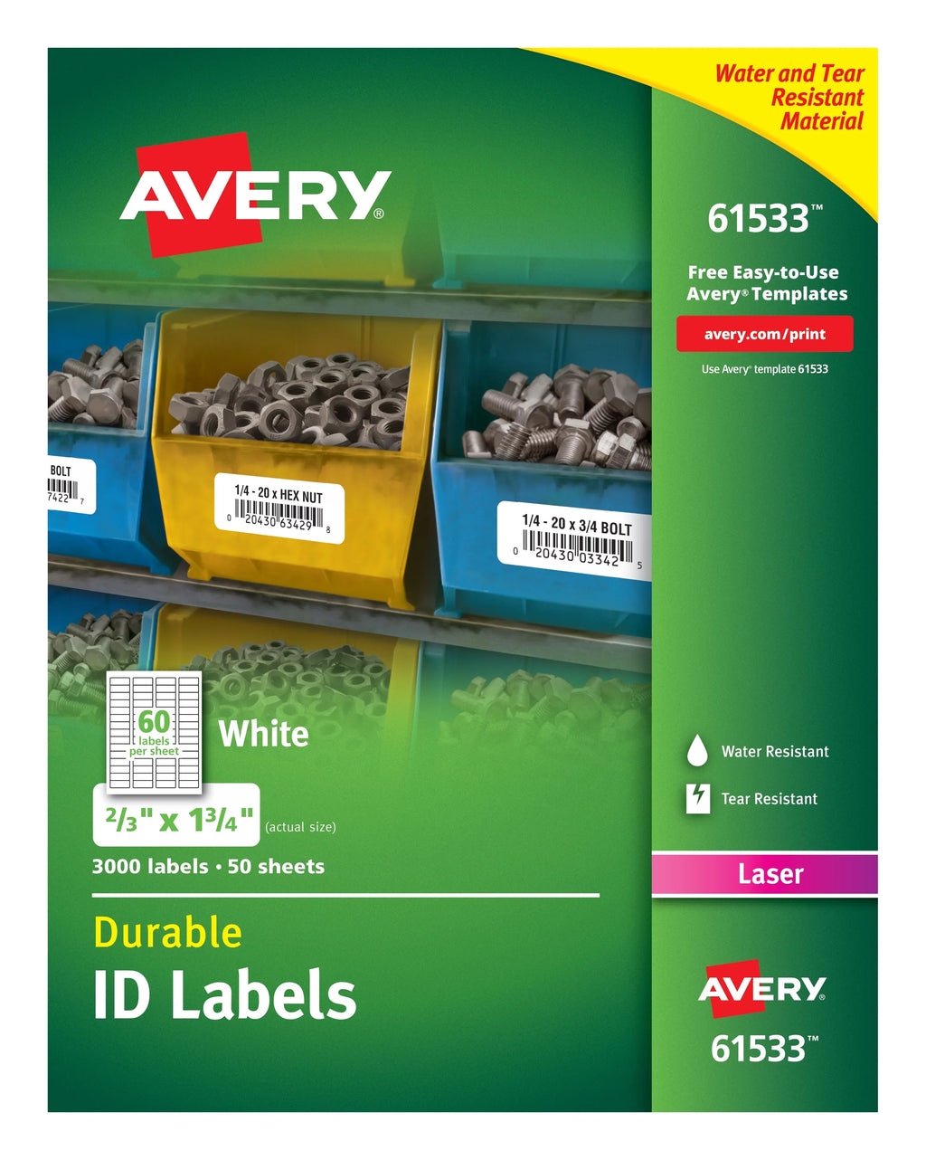Avery Durable ID Labels, TrueBlock Technology, Permanent Adhesive, 2/3" x 1-3/4", 3,000 Labels (61533)