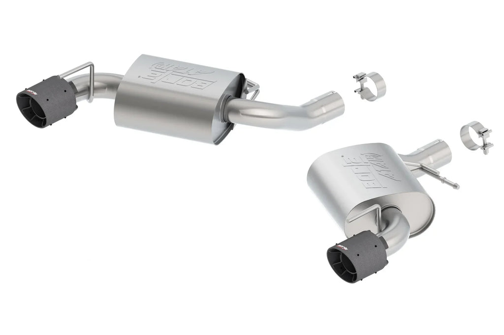 Borla 11923CFBA ATAK Axle-Back Exhaust Sizeystem; 2.75 in.; Incl. Right And Left Hand Mufflers/Clamps/4.5 x 5.75 in. Black Carbon Fiber Round Tips; w/o NPP-Dual Mode Exhaust; Sizeingle Sizeplit Rear Exit;