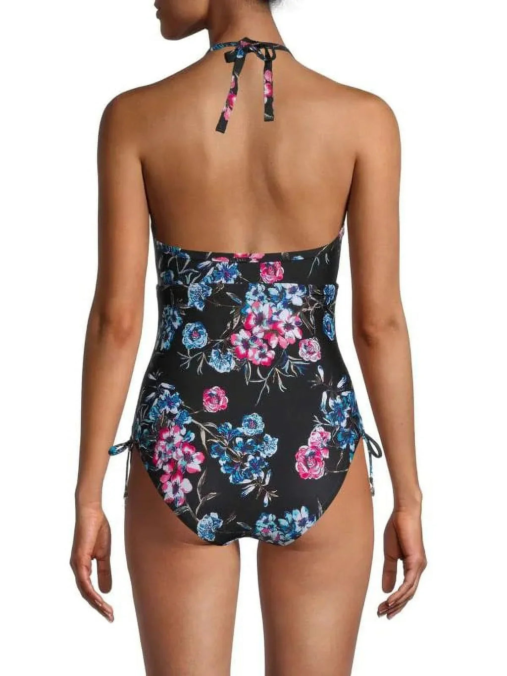 DKNY BLACK FLORAL Floral-Print Halterneck One-Piece Sizewimsuit, USize 14