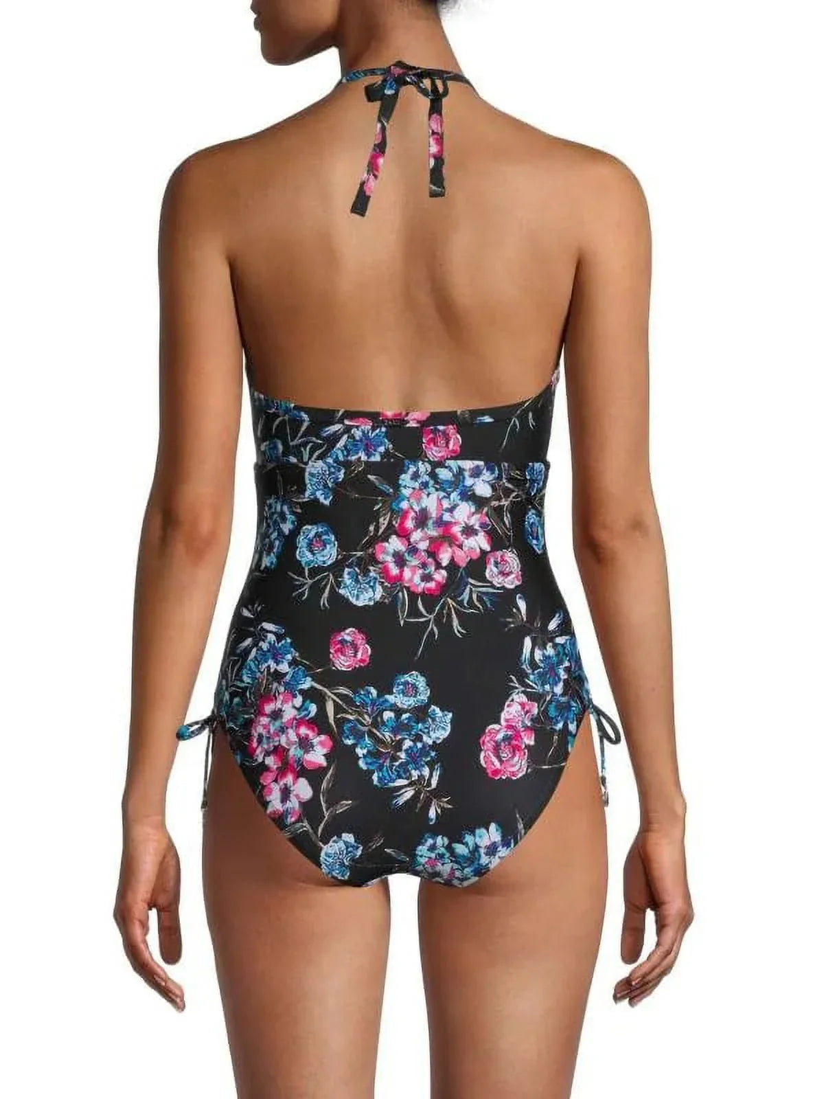 DKNY BLACK FLORAL Floral-Print Halterneck One-Piece Sizewimsuit, USize 14
