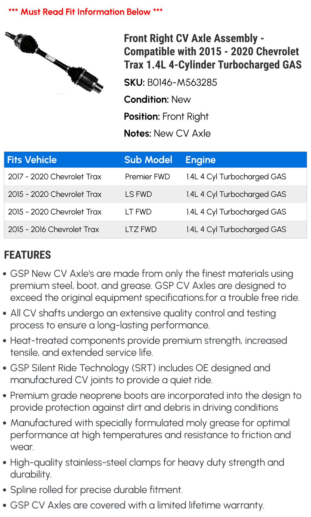 Front Right CV Axle Assembly - Compatible with 2015 - 2020 Chevy Trax 1.4L 4-Cylinder Turbocharged GASize 2016 2017 2018 2019