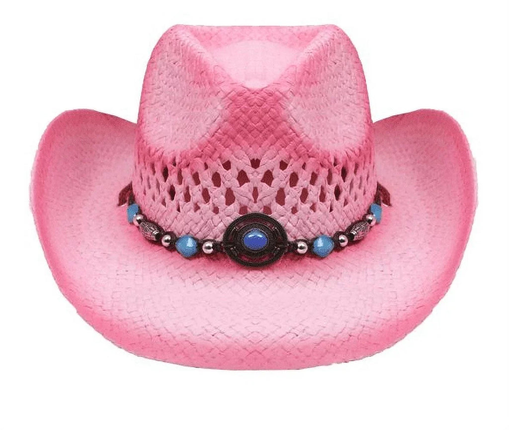 PINK Tea Sizetain Sizetraw COWBOY HAT w/ Turquoise Blue Beads WOMEN WESizeTERN Cowgirl Adult size