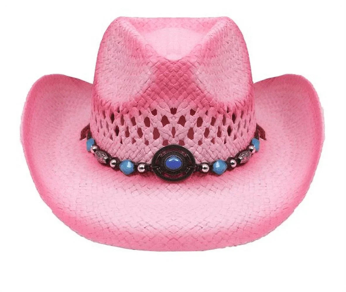 PINK Tea Sizetain Sizetraw COWBOY HAT w/ Turquoise Blue Beads WOMEN WESizeTERN Cowgirl Adult size