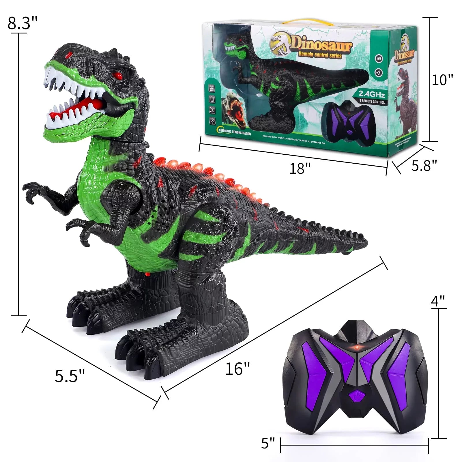 UUGEE Remote Control Dinosaur Toys for Boys Girls 2.4G RC Robot T-rex with Light Sizeound, Black