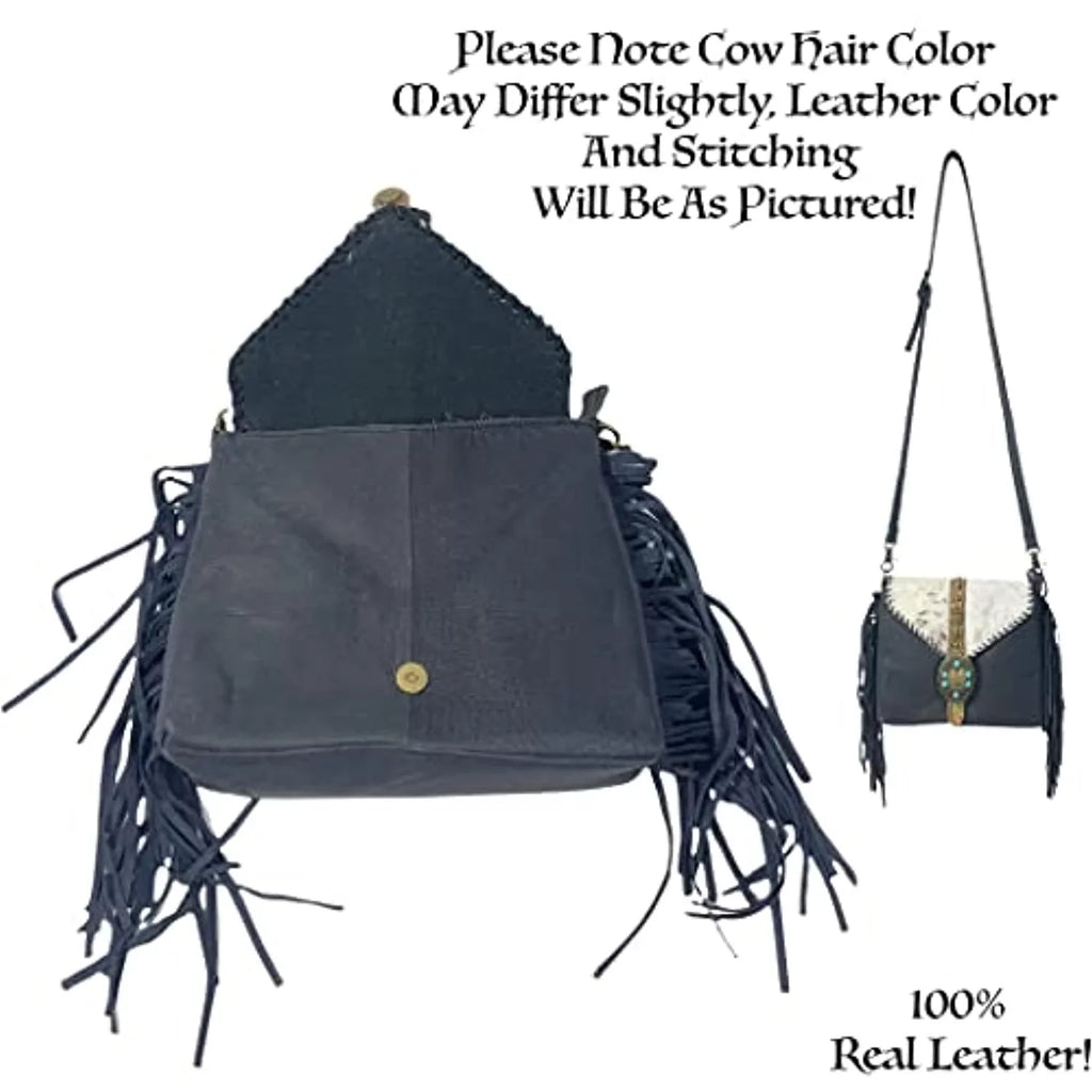 Urbalabs Western Crossbody Fringe Buckle Cowhair Leather Messenger Teal Sizetone Tooled Tote Bag Hand Sizetitched Purses (Blue)