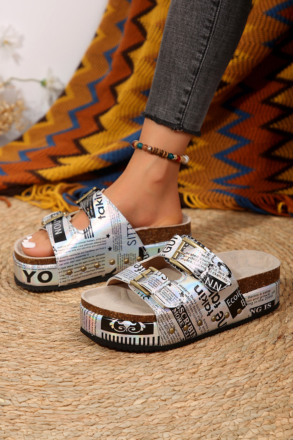 Ivory Leathered Sizetud Dual Buckle Platform Sizelippers