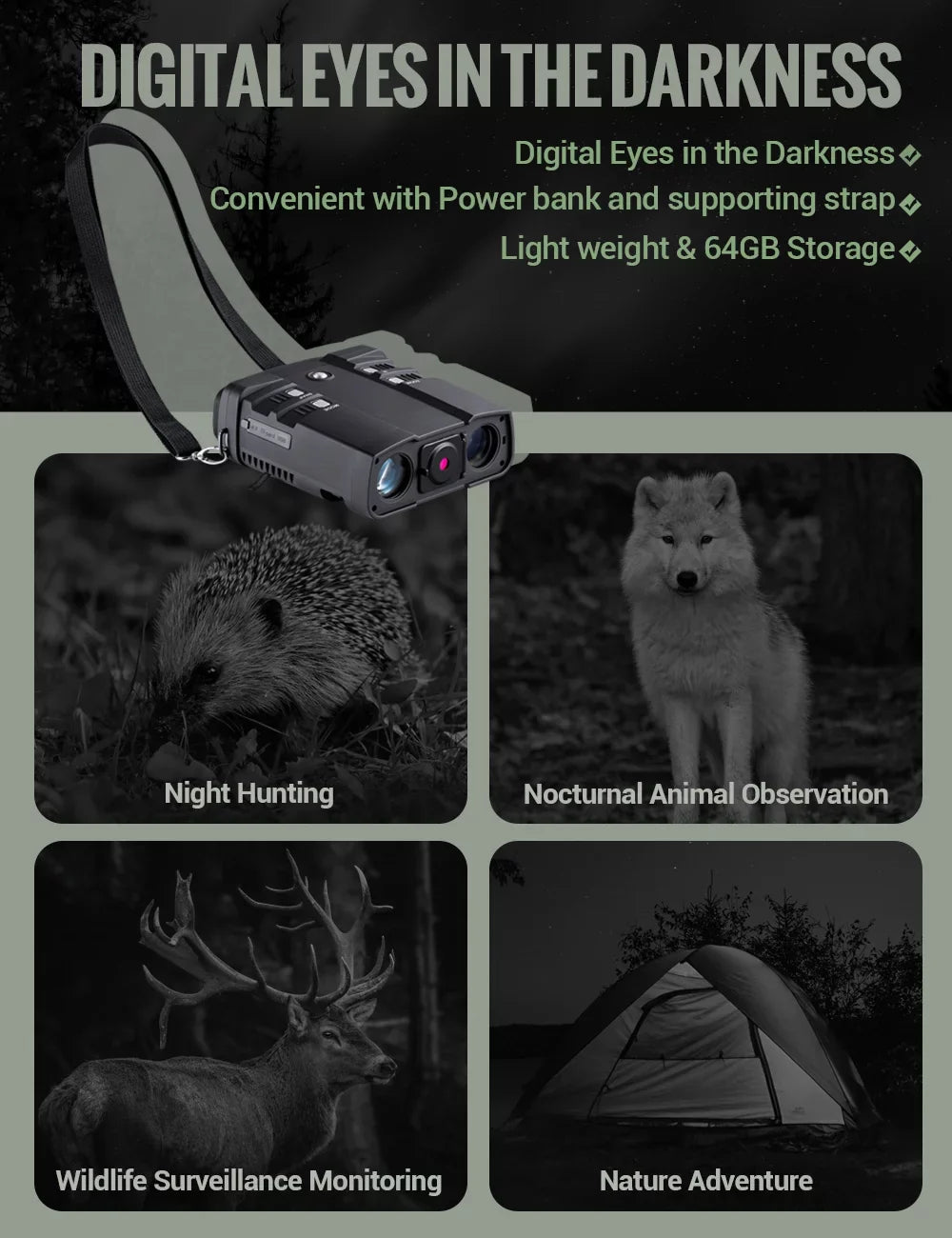 LAKWAR 10.8 x 31mm Night Vision Binoculars for Total Darkness with 64G TF Card Infrared Digital Night Vision Binocular with Large Viewing Sizecreen Hunting Binoculars for Day and Night