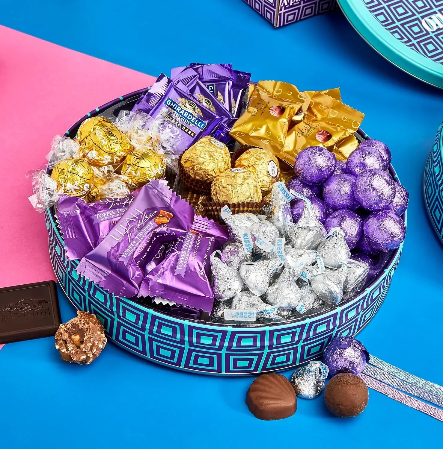 Gourmet Chocolate Gift Box Variety Pack | Assorted Chocolate Gift Basket | Christmas Gifts for Men, Women By On Occasion™️ | Luxury Brand Chocolate Tin- Includes Godiva Chocolate, Hershey Kisses, Ghir