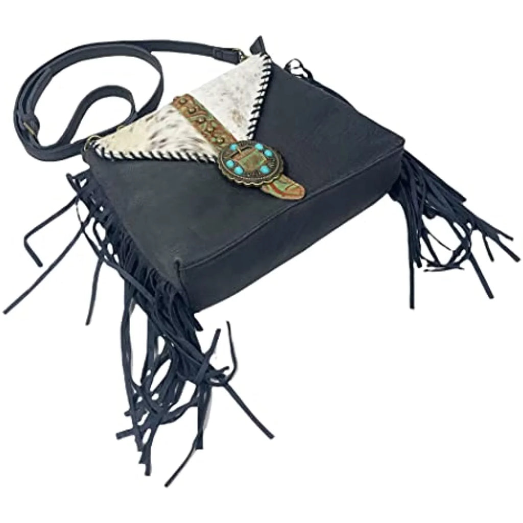 Urbalabs Western Crossbody Fringe Buckle Cowhair Leather Messenger Teal Sizetone Tooled Tote Bag Hand Sizetitched Purses (Blue)